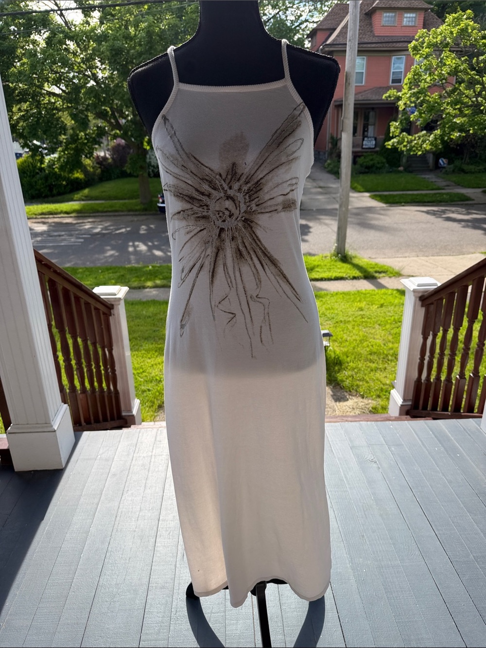 White Graphic Slip Dress with Sunburst Motif